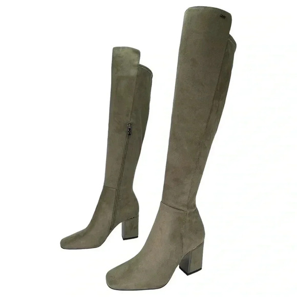 DKNY Cilli Womens OTK Stretch Microsuede Light Military Green Boots Size 5M - Picture 1 of 16